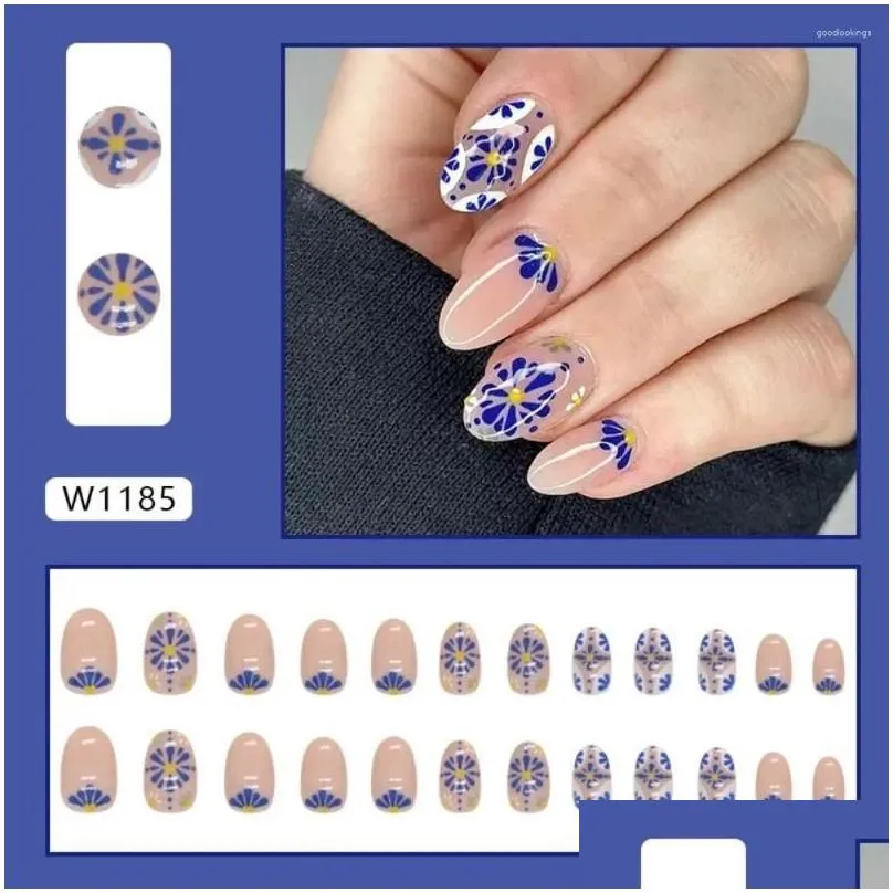 false nails long oval fashion french blue flowers fake purple butterfly full cover nail tips for diy