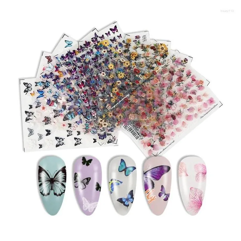 nail stickers blue butterfly flowers art embossed 5d transfer decals for acrylic manicure design decorations rk130055