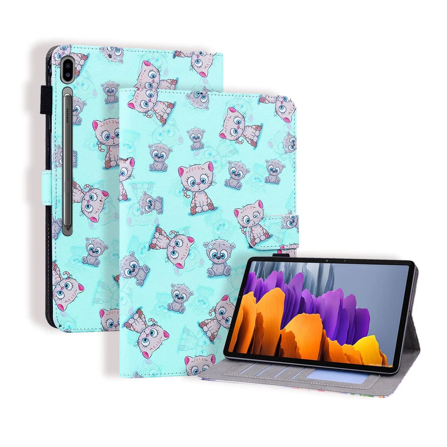 pu leather tablet cases for samsung galaxy tab p610 t870 t875 t500 t505 t290 t295 t220 t225, dual view angle cartoon pattern flip kickstand cover with card