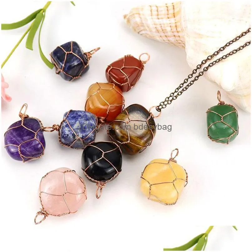 Handmade Wire Natural Crystal Stone Pendant Necklaces Jewelry With Chain For Women Girl Fashion Accessories