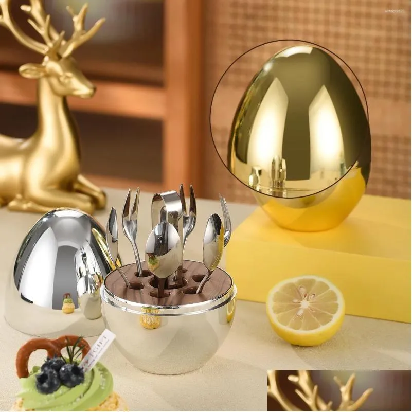 Dinnerware Sets Mini Egg Cutlery Set Gold Silver Stainless Steel Coffee Spoon Dessert Cake Fork Clip 7 Pack In Total