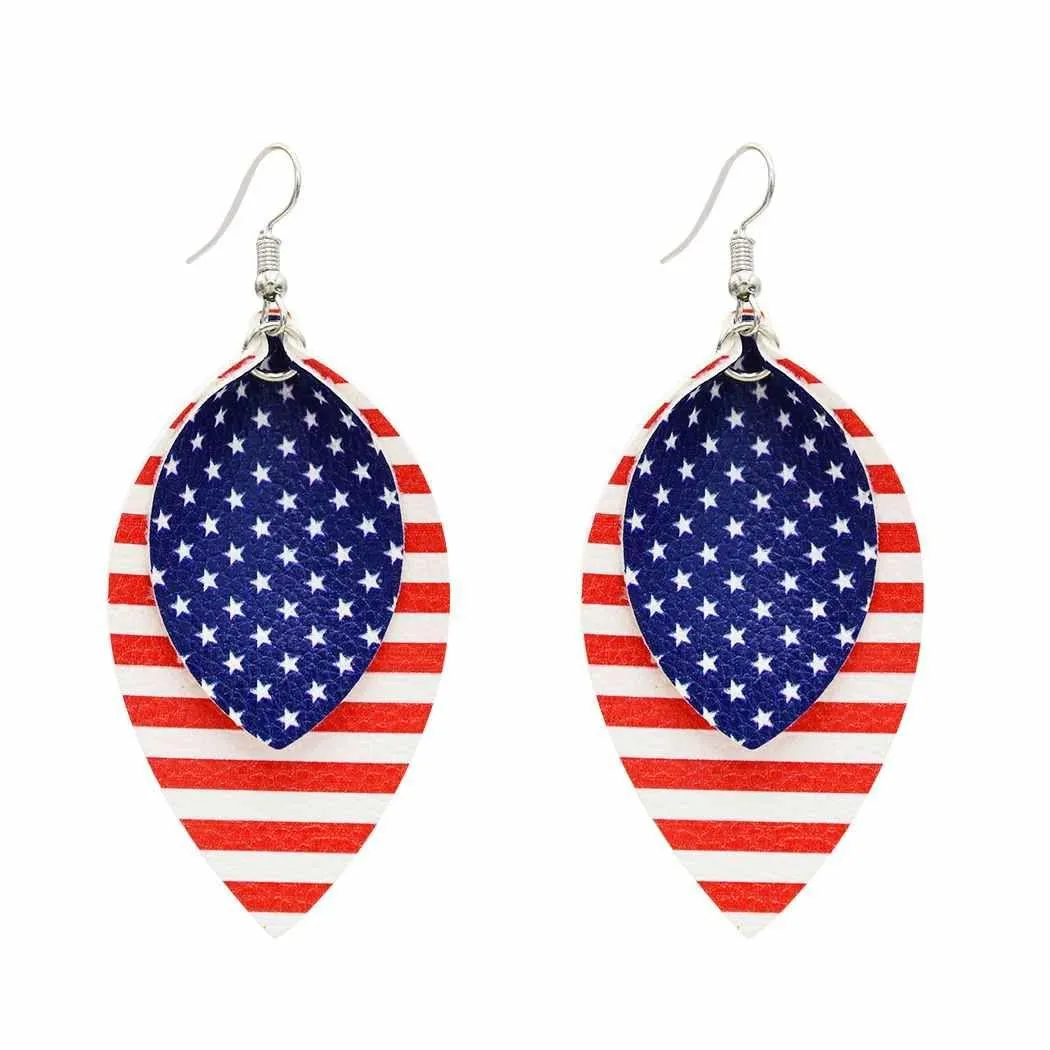 Fashion PU Leather Water Drop Earrings Creative American Flag Multilayer Geometric Earrings