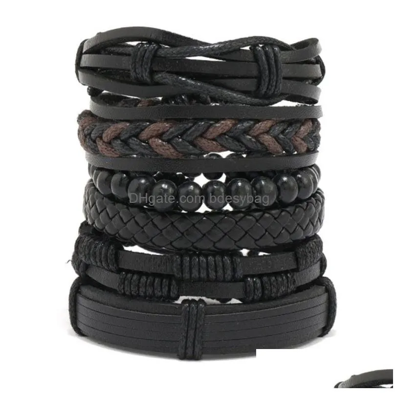 Handmade Rope Leather Braided Multilayer Wooden Beaded Charm Bracelets Jewelry Set Adjustable Male Bangle