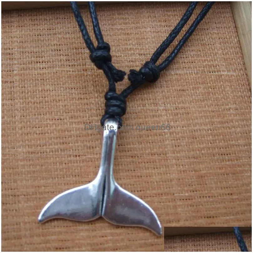 Pendant Necklaces Wholesale-Antique Sier Whale Tail Charm Pendant Wax Cord Necklace For Men Women 18 Drop Delivery Jewelry Necklaces P Dhvyj