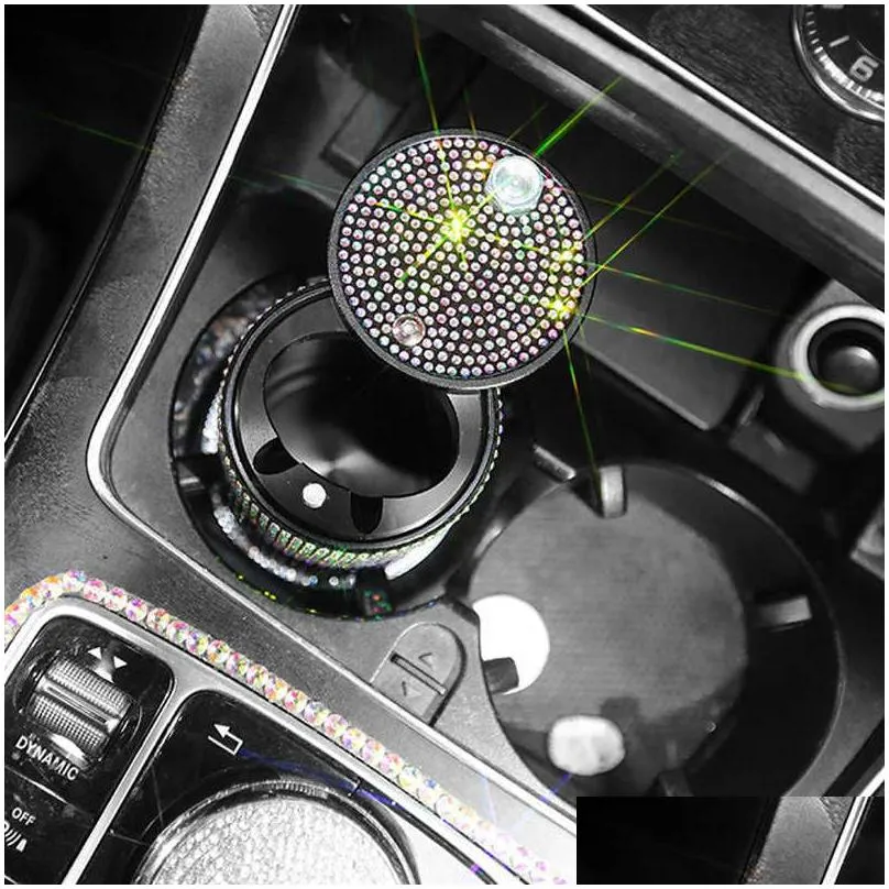 Other Interior Accessories New Fashion Crystal Rhinestones Car Ashtray Portable Cup Holder Metal With Diamond Smokeless Ashtrays Cigar Dhce7