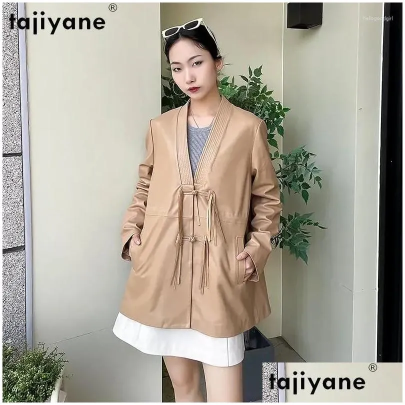 women`s leather tajiyane real jacket women genuine sheepskin jackets for 2024 spring autumn loose coat v neck