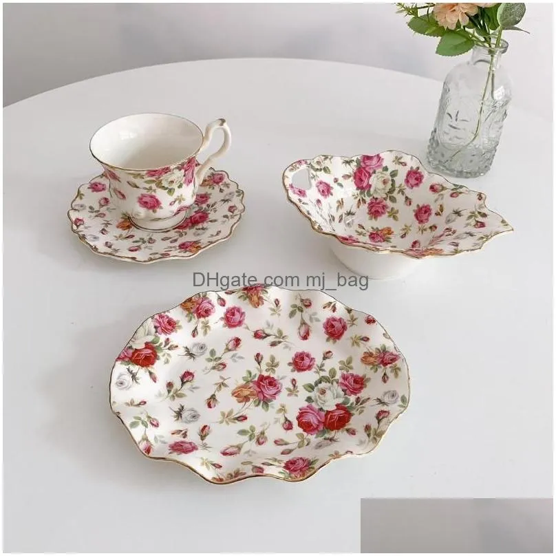 Plates French Retro Flowers Ceramic Coffee Cup And Plate A Set Of Salad Bowl Tableware Court Style