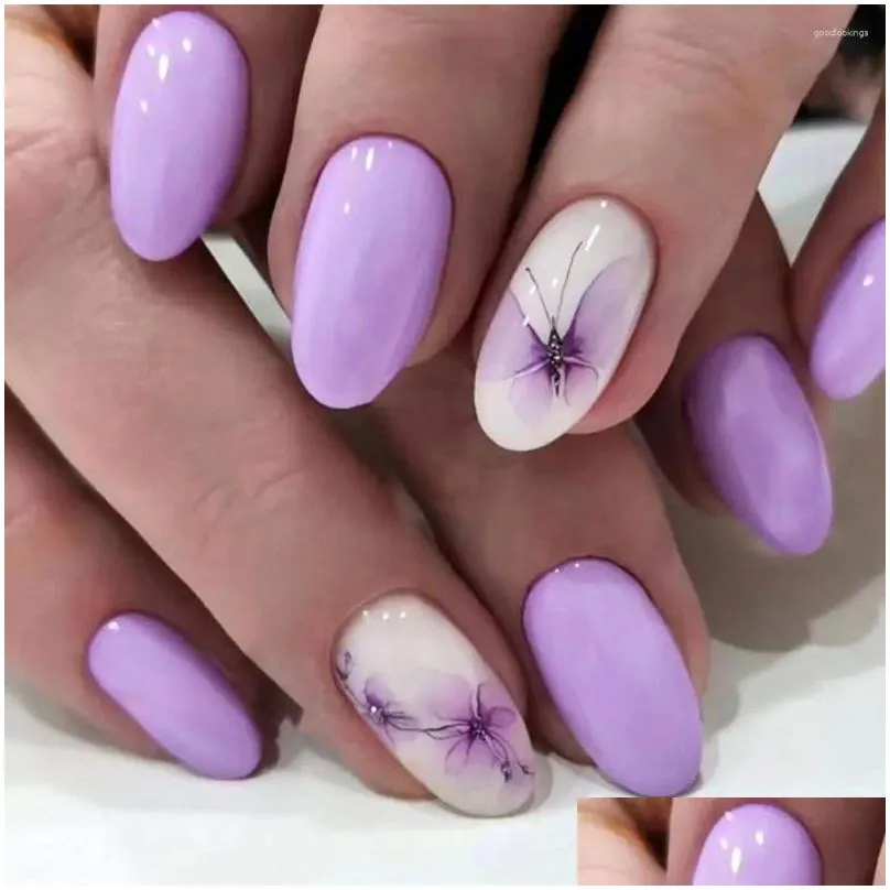 false nails long oval fashion french blue flowers fake purple butterfly full cover nail tips for diy