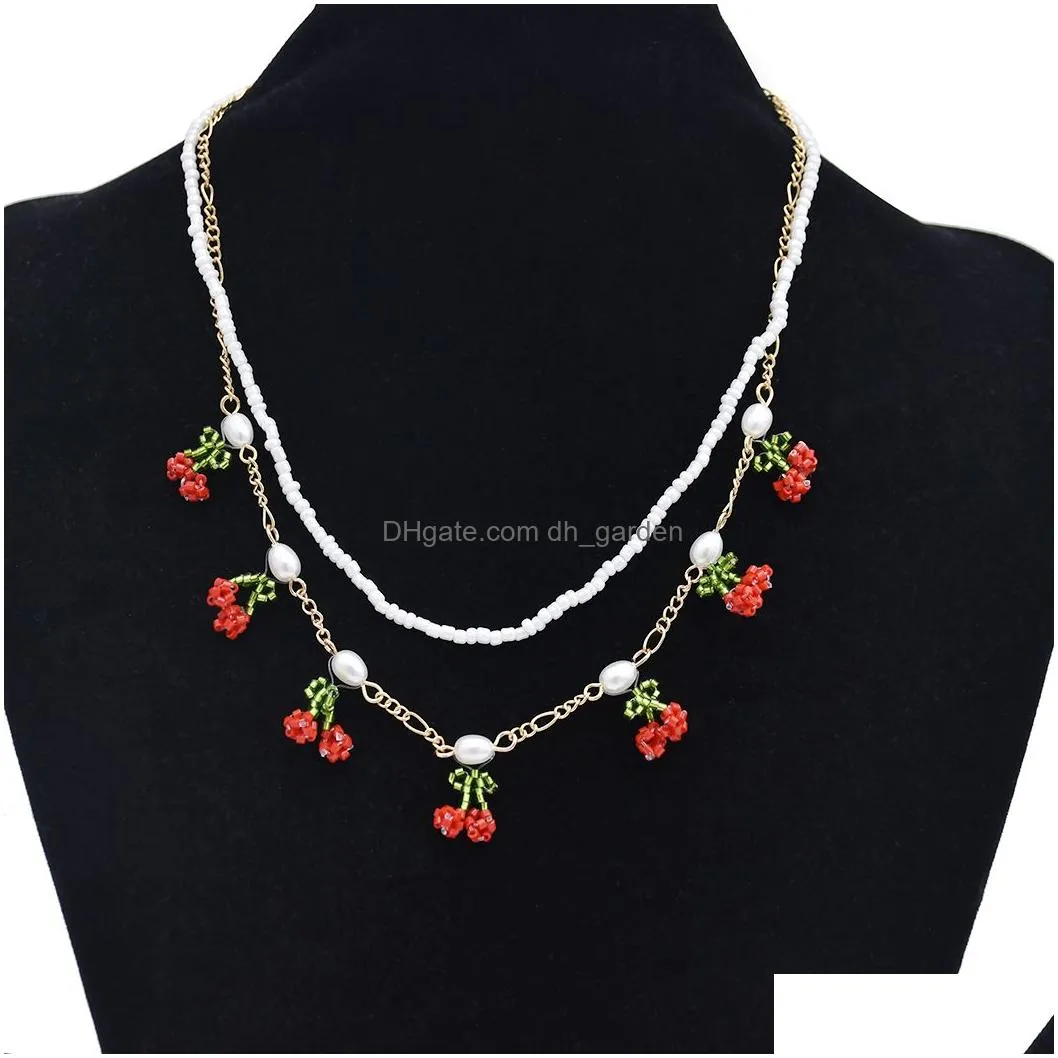 Cherry Pendant Charms Necklace with Beaded Imitation Pearl Chain Set Starement Necklace for Women Party Jewelry