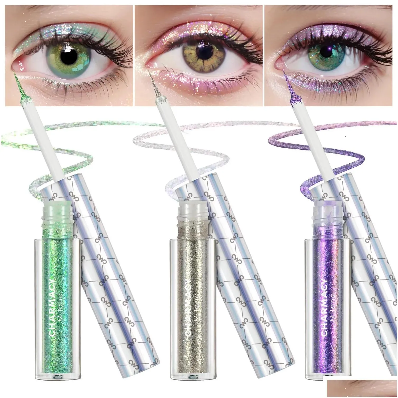 charmacy 3pcset glitter eyeliner liquid waterproof longstay easy to wear shiny diamond pen set brighten eye makeup 240220