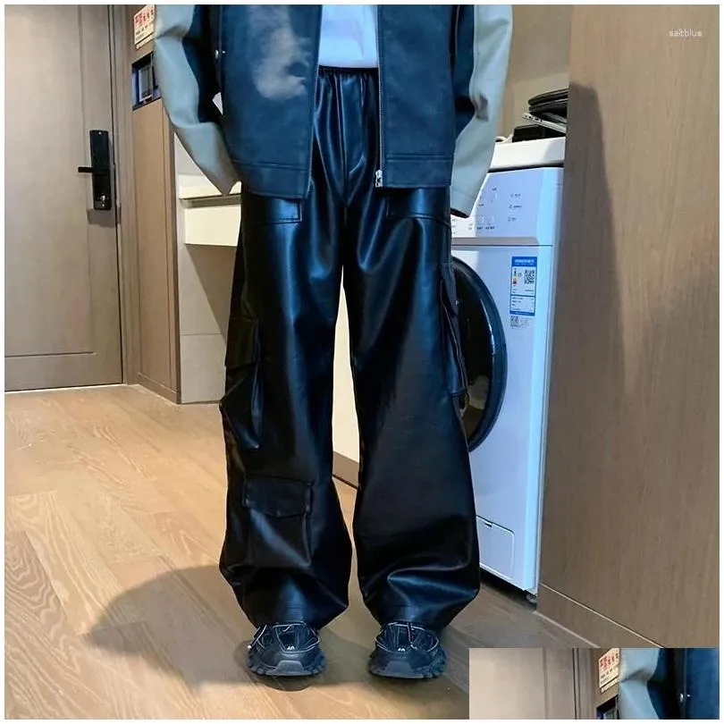 men`s pants leather motorcycle cargo multi-pockets black pu men elastic waist mopping trousers all-match windproof