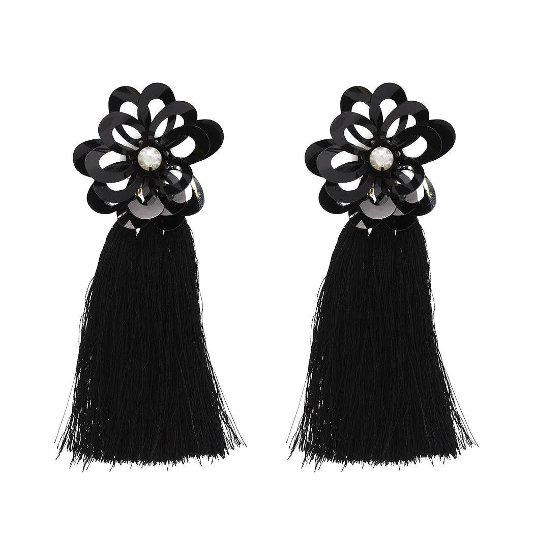 idealway Bohemian Pearl Sequins Flower Shape Thread Tassels Drop Earrings