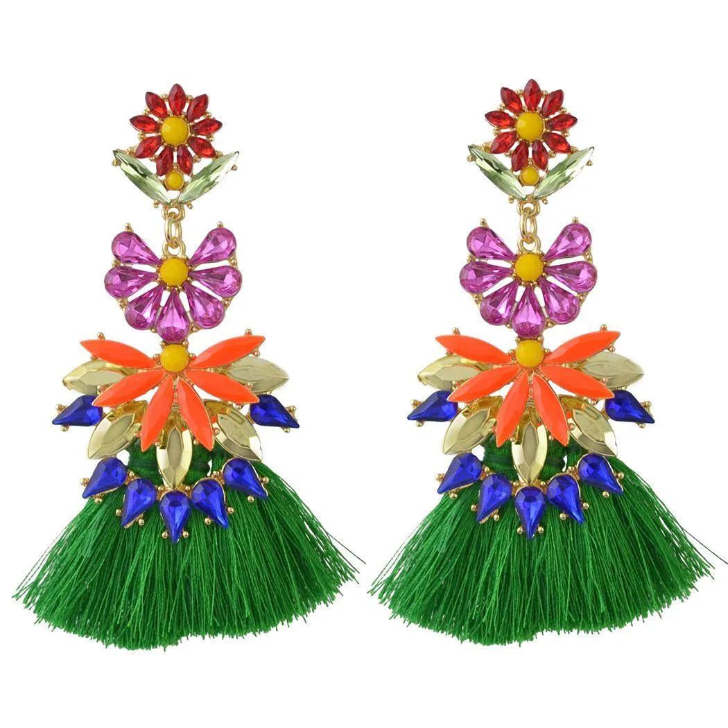 Idealway New Fashion 7 Colors Golden Alloy Acrylic Crystal Gem Silk Thread Tassel Shourouk Earrings Jewelry