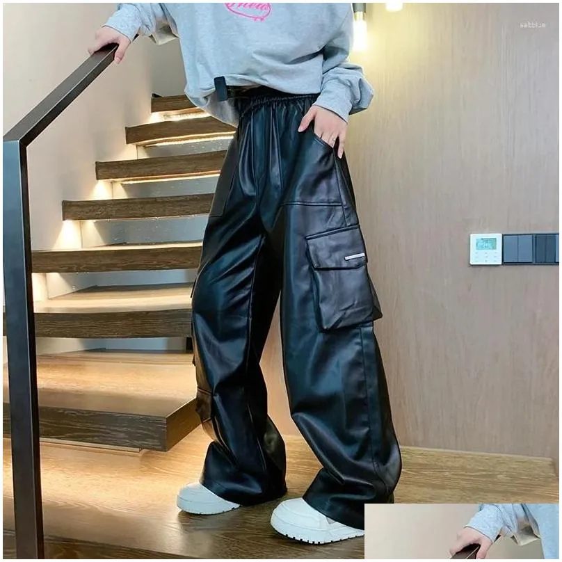 men`s pants leather motorcycle cargo multi-pockets black pu men elastic waist mopping trousers all-match windproof