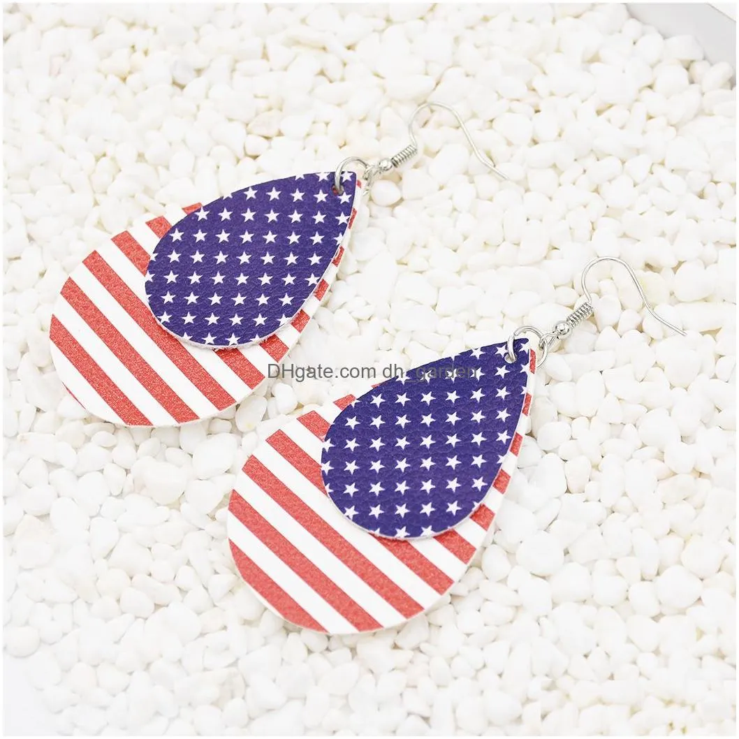 Fashion PU Leather Water Drop Earrings Creative American Flag Multilayer Geometric Earrings