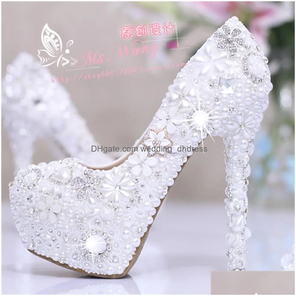 fashion luxurious pearls crystals white wedding shoes size high heels bridal shoes party prom women shoes 292n