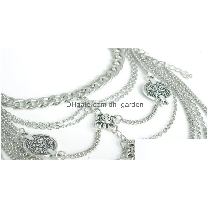 Bohemian vintage silver multilayer coin flower charms anklet bracelets women foot jewelry