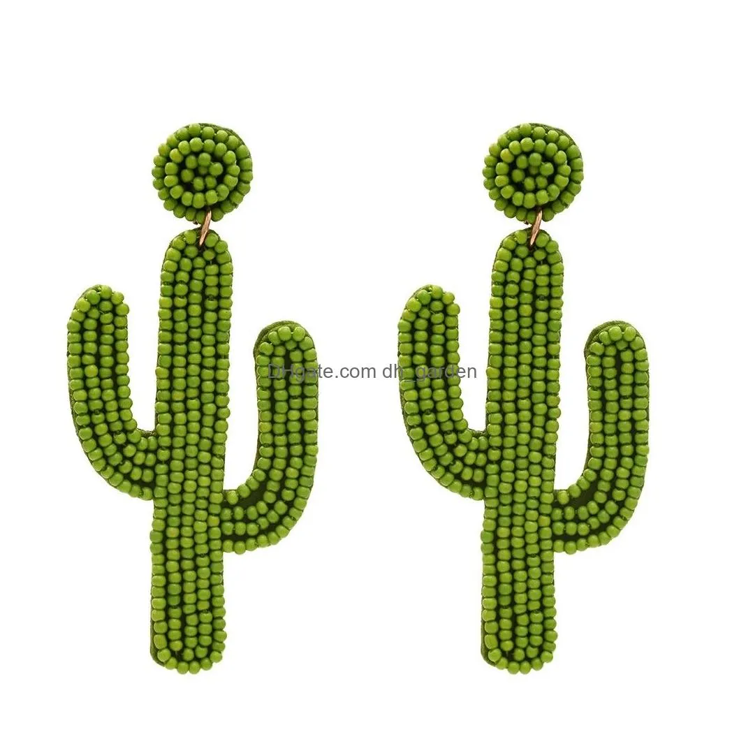 Statement Acrylic Bead Cactus Drop Earrings For Women Handmade Seed Beaded Tropical Fruit Dangle Earrings Cute Beach Jewelry