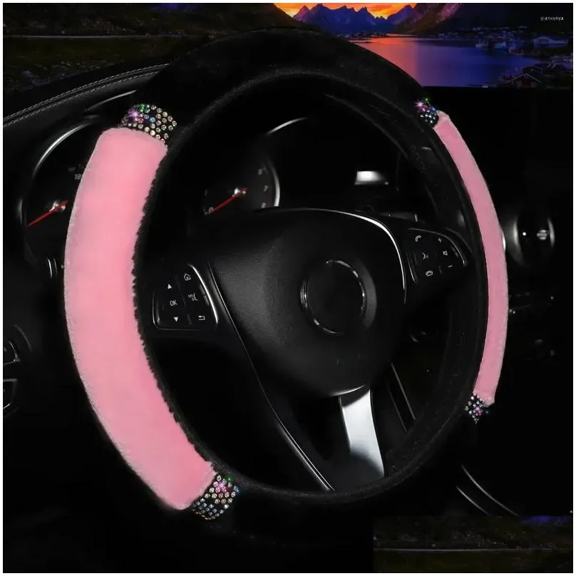 steering wheel covers universal 37-38cm diameter soft plush rhinestone car cover interior accessories black pink