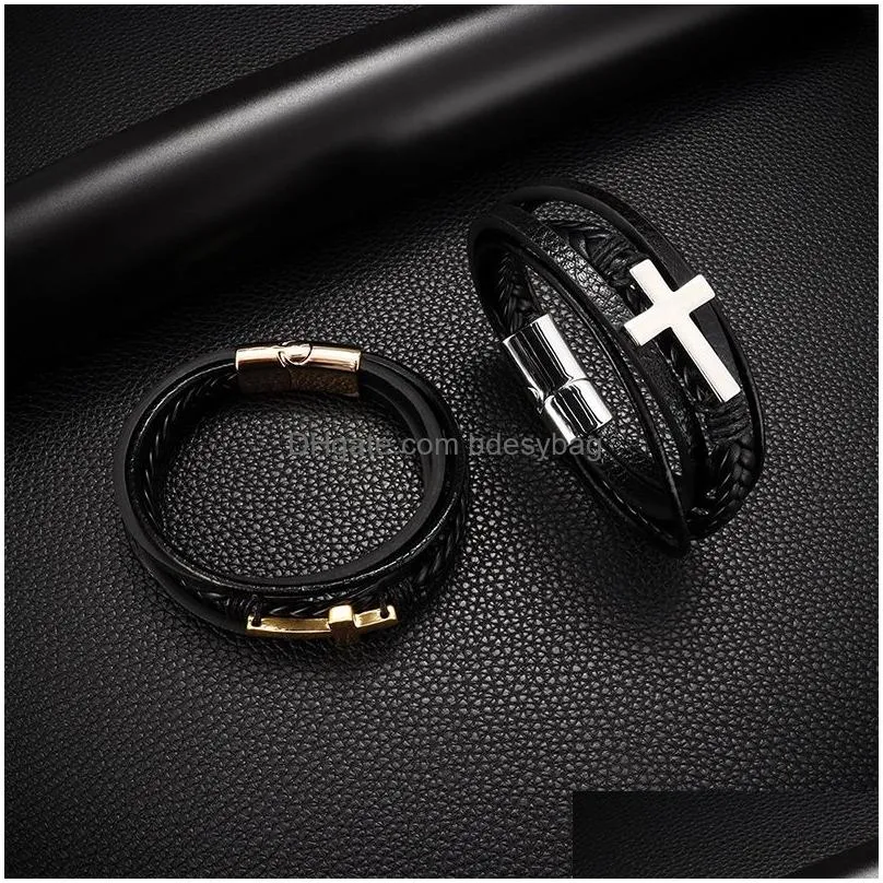 Handmade Black Brown Color Rope Braided Leather Alloy Cross Charm Bracelets Retro Adjustable Alloy Jewelry For Men Women