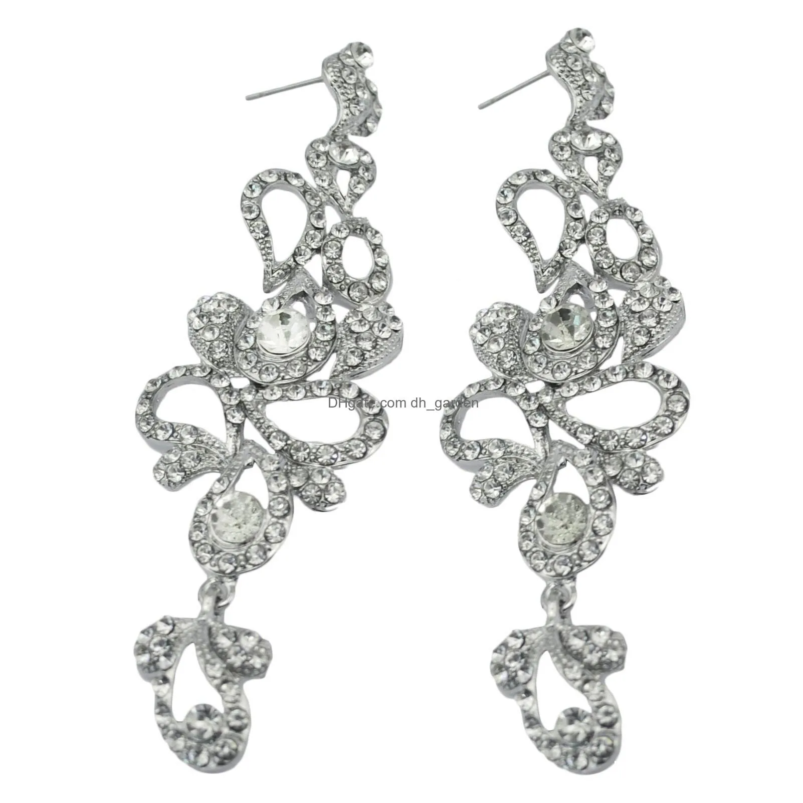 New silver plated 4 colors charm rhinestone crystal flower long earrings large dangle earrings for brides wedding jewelry