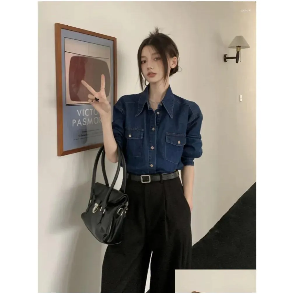 women`s blouses blue denim shirt spring autumn long sleeved turn down collar loose blouse single breasted casual cardigan women