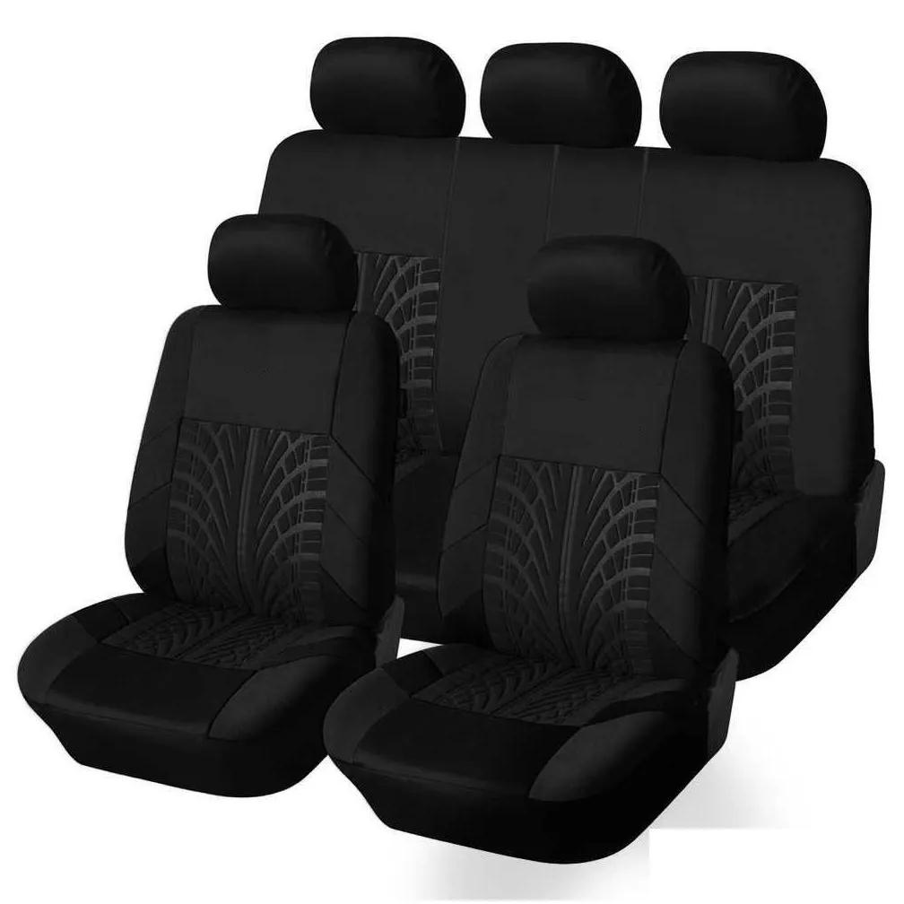 Car Seat Covers New Breathable Car Seat Ers Fl Set Tyre Track Embossed Suit For Truck Suv Van Durable Polyester Material Drop Delivery Dhy2A
