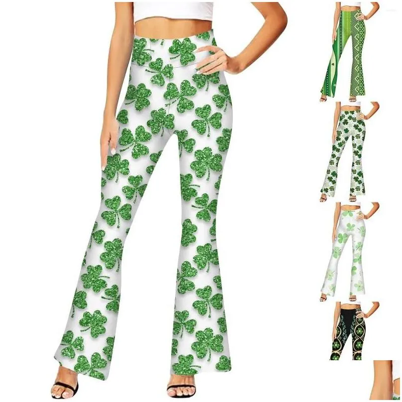 women`s pants 2024 fashion st. patrick`s day printed flare high waist wide leg stretchable casual