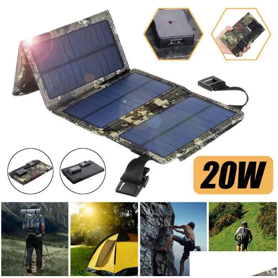 portable outdoor solar panel foldable dc 5v 20w waterproof usb battery portable power changer bank for tourist cells phone van rv trip camping hiking