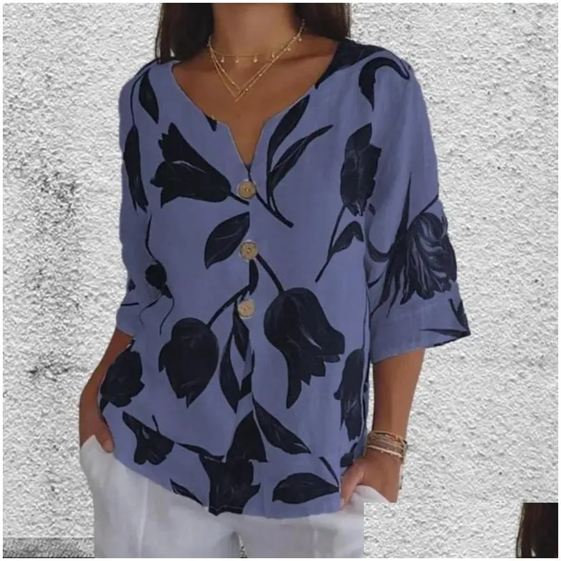 women`s blouses women blouse leaf printed v neck for retro three quarter sleeve shirt with contrast color soft breathable lady`s