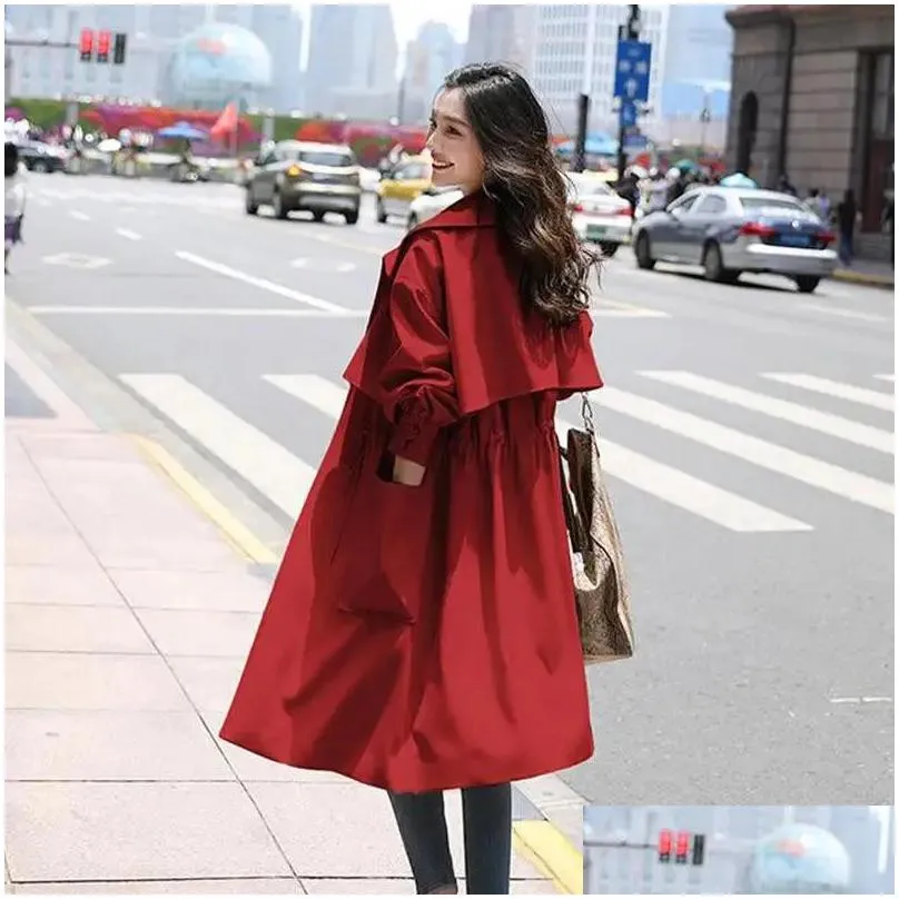 Women`S Trench Coats Womens Trench Coats England Style Waist Thinner Mid-Length Lining Windbreaker Chic Streewear Slim Female Outwear Dhi3S