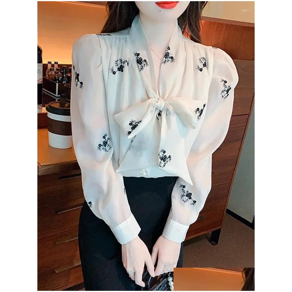 women`s blouses women elegant bowknot chiffon blouse fashion white business casual office lady shirts puff long sleeve loose tops