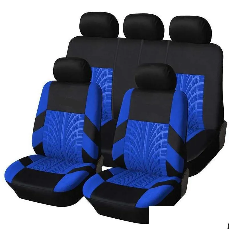 Car Seat Covers New Breathable Car Seat Ers Fl Set Tyre Track Embossed Suit For Truck Suv Van Durable Polyester Material Drop Delivery Dhy2A