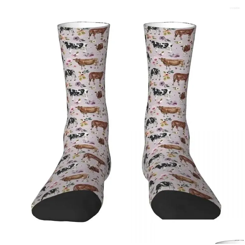 men`s socks cows and flowers lavender watercolor floral western sweat absorbing stockings all season for man`s woman`s gifts