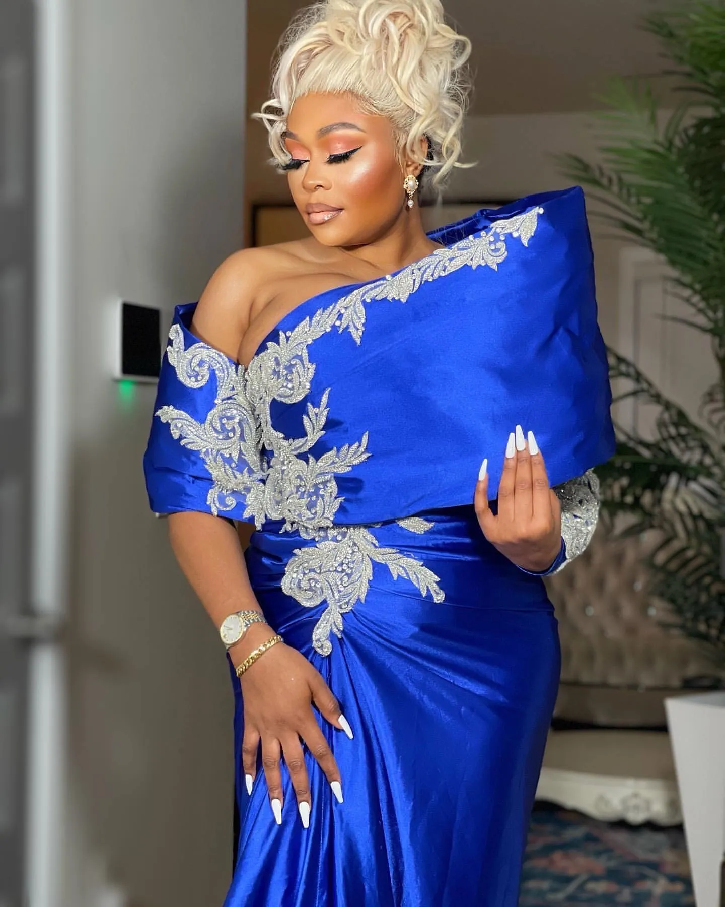 2024 Aso Ebi Royal Blue Mermaid Prom Dress Lace Beaded Satin Evening Formal Party Second Reception 50th Birthday Engagement Gowns Dresses Robe De Soiree ZJ155