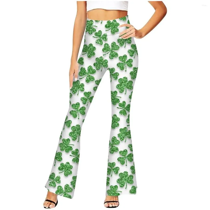 women`s pants 2024 fashion st. patrick`s day printed flare high waist wide leg stretchable casual