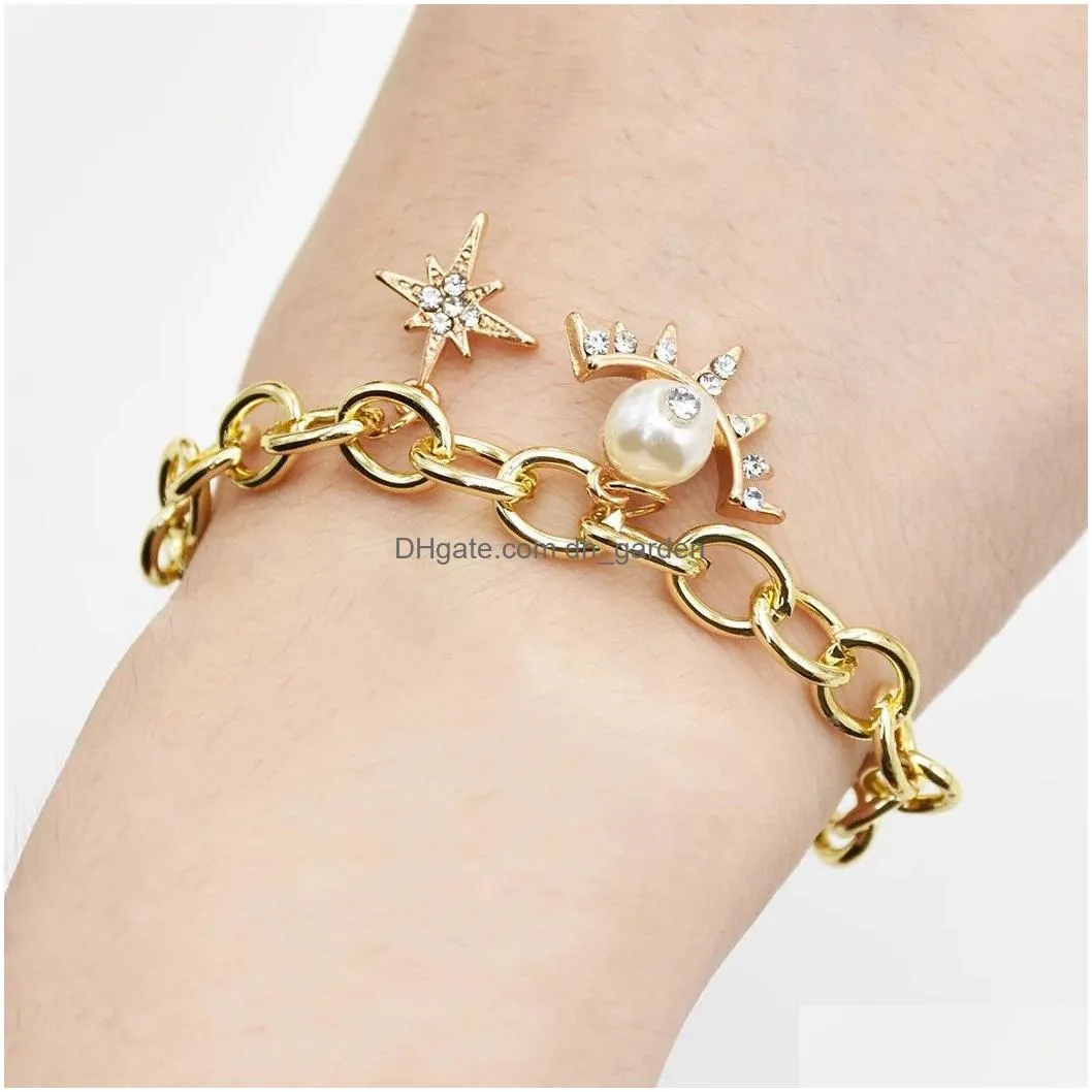 Korean Gold Chain Geometric Pearl Pendant Bracelet With Rhinestone For Women Party jewelry