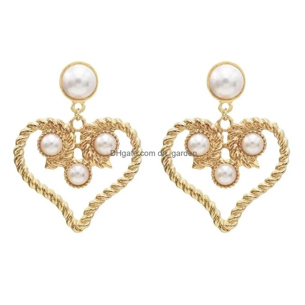 Gold Pearl Heart Earrings Fashion Design Ladies Pearl Drop Pendant Women Girls Dress Party Jewellery