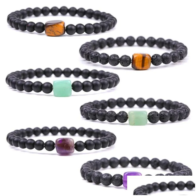 6mm Natural Lava Stone Handmade Strands Charm Bracelets Elastic Bangle For Women Men Party Club Beaded Jewelry