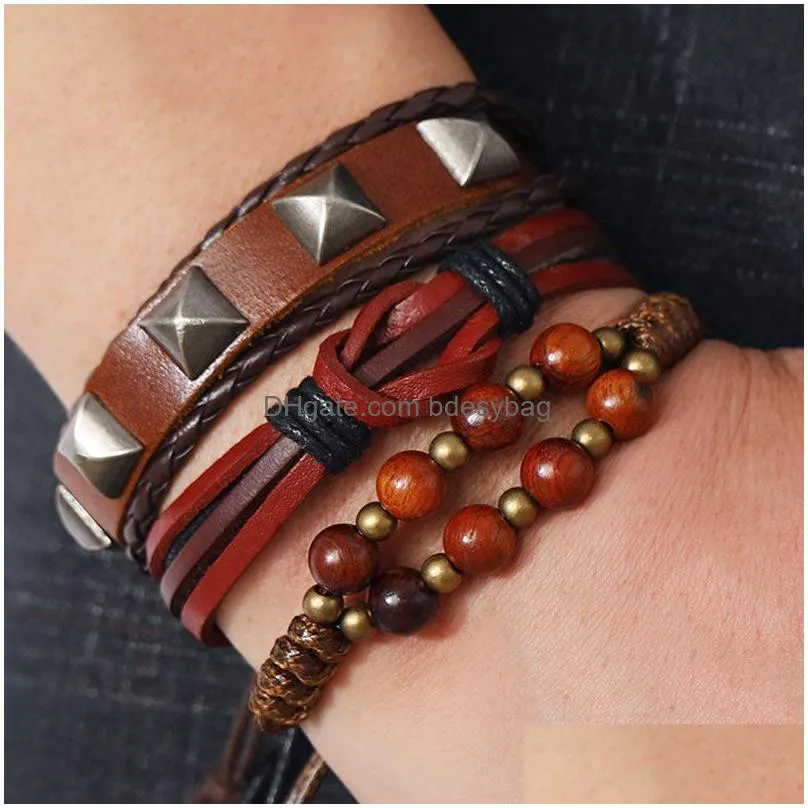 Rope Leather Handmade Braided Multilayer Wooden Beaded Charm Bracelets Set Adjustable Bangle Decor Jewelry