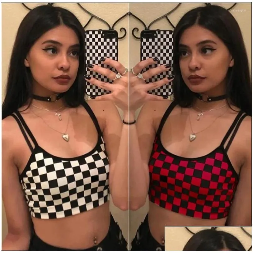 women`s tanks black red plaid checkerboard tank top halter women bare midriff crop tops camis fashion tube female sleeveless cropped