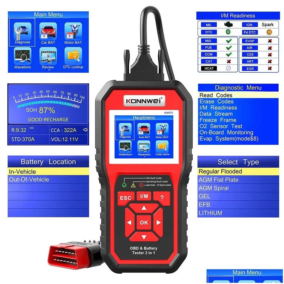  kw870 6v 12v car motorcycle battery tester obd2 diagnostics tool scanner 2 in1 cranking charging test tools for the car