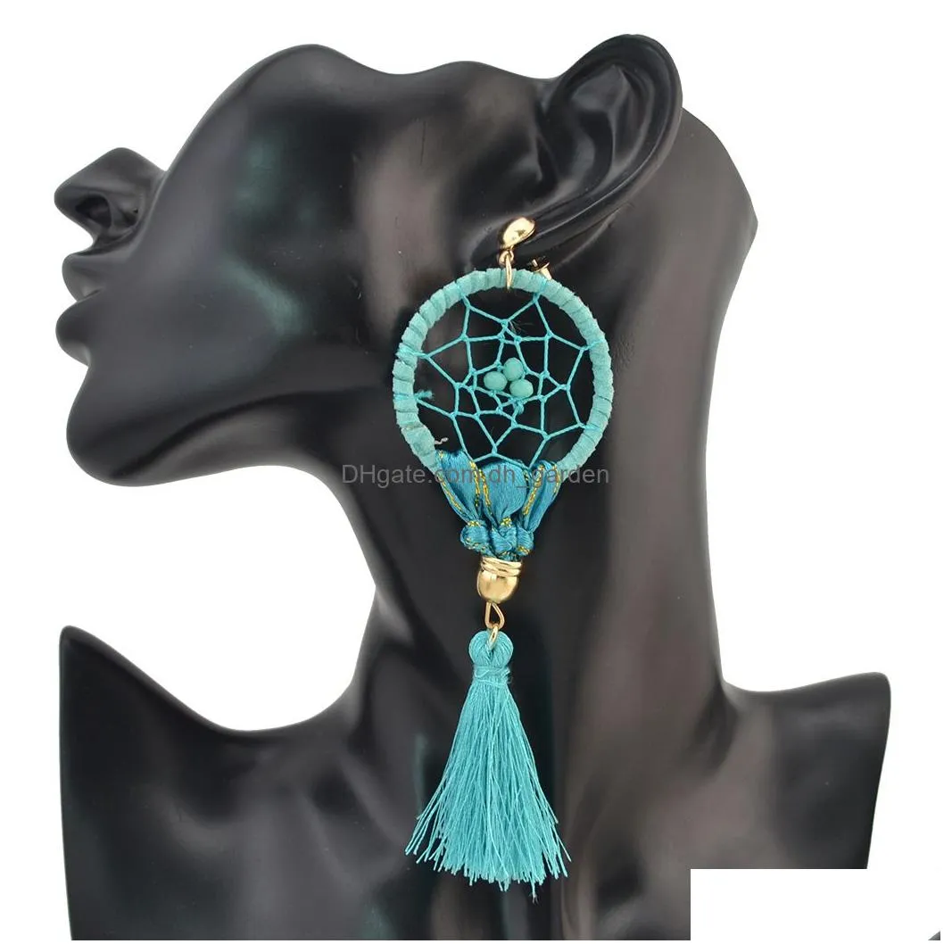 idealway 4Colors Fashion Boho Long Drop Gold Plated Tassel Party Dangle Dream Catcher Earrings