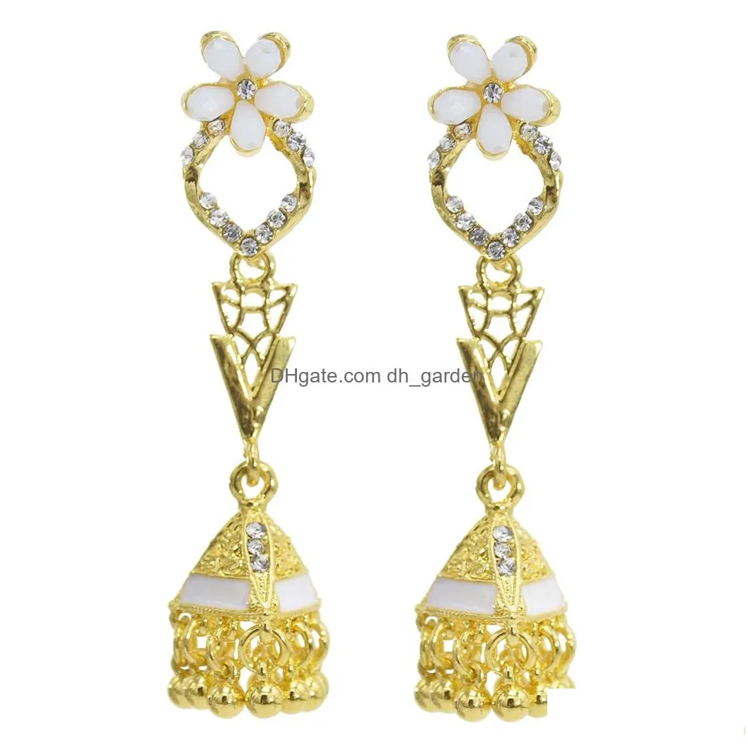 Vintage Jhumka Earrings for Women Gold Metal flower Crystal Bells bead Tassel Earring Party Afghan indian Jewelry Gift