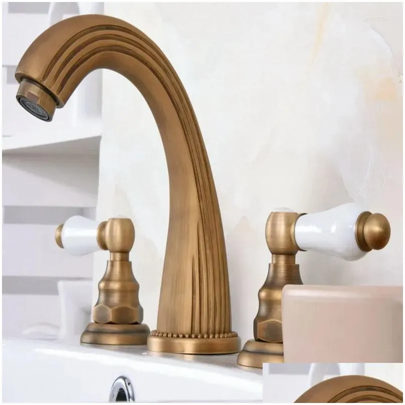 bathroom sink faucets vintage retro antique brass deck mounted dual handles widespread 3 holes basin faucet mixer water taps aan070
