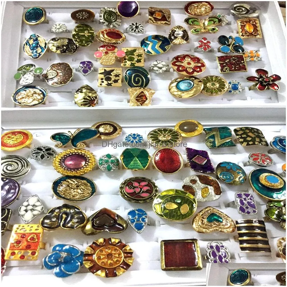 Band Rings Bk Lots 50Pcs Vintage Colorf Enamel Alloy Women Rings Open Size Bronze Sier Mix Design Assorted Retro Wholesale Drop Deliv Dhqbl