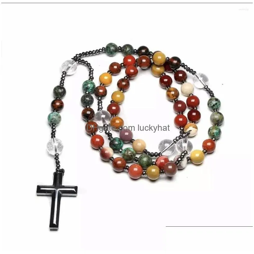 Pendant Necklaces Natural Quartz Mookaite Beads Catholic Christ Rosary Hematite Cross Necklace For Women Men Meditation Mala Drop Del Dh0S3