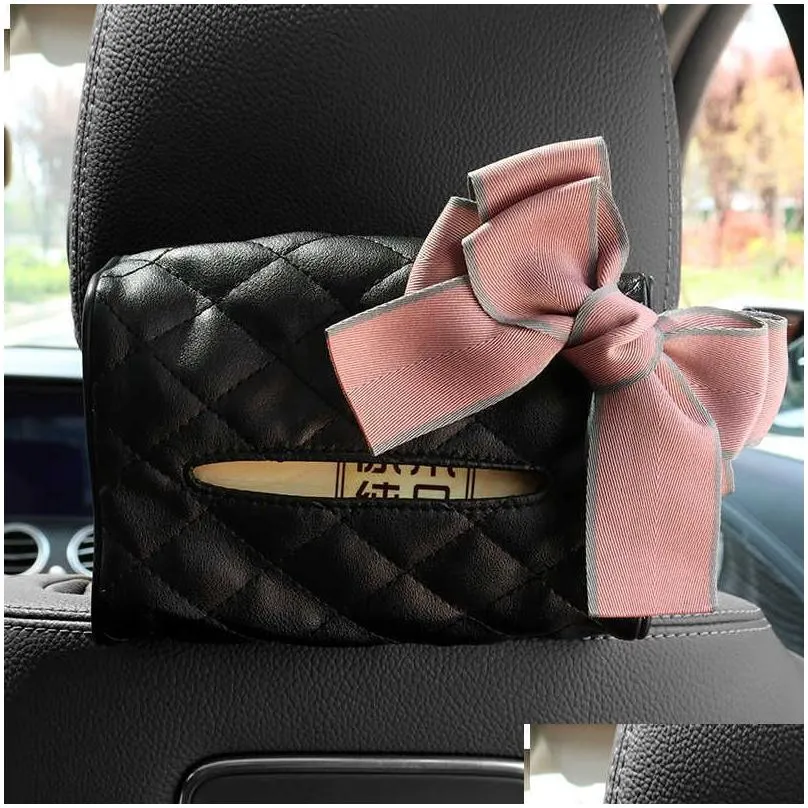 Other Interior Accessories New Cute Bowknot Car Seat Headrest Hanging Tissue Box Holder Mti-Function Leather Paper Tower Organizer Sty Dhhgz
