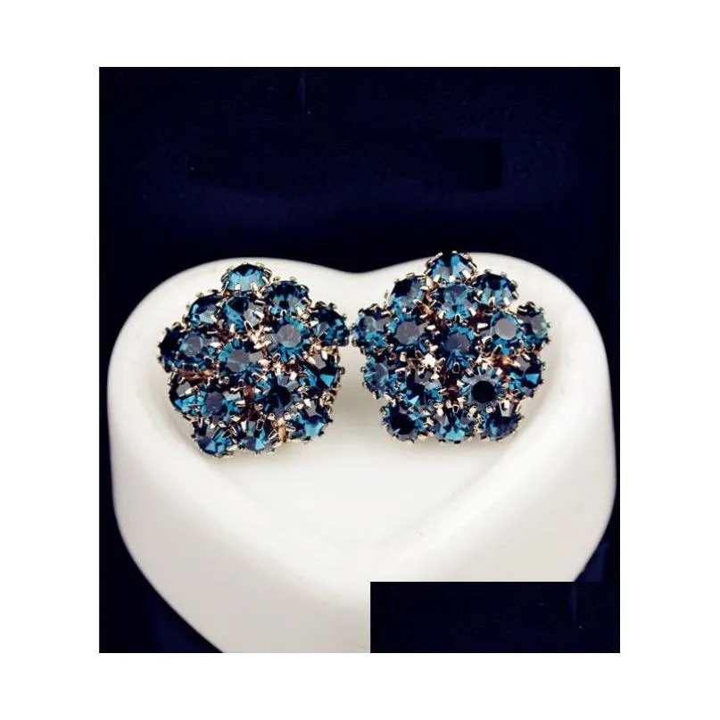 Korea Style Gold Plated Alloy Royalblue Rhinestone Flower Studs Earrings