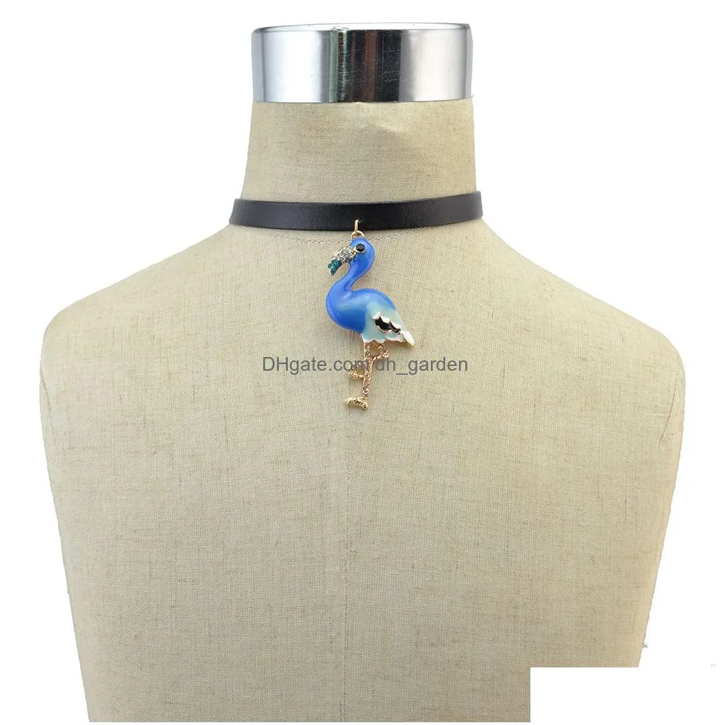 idealway 3 Styles Rhinestone Enamel Bird Collar Black Leather Chain Statement Choker Necklace
